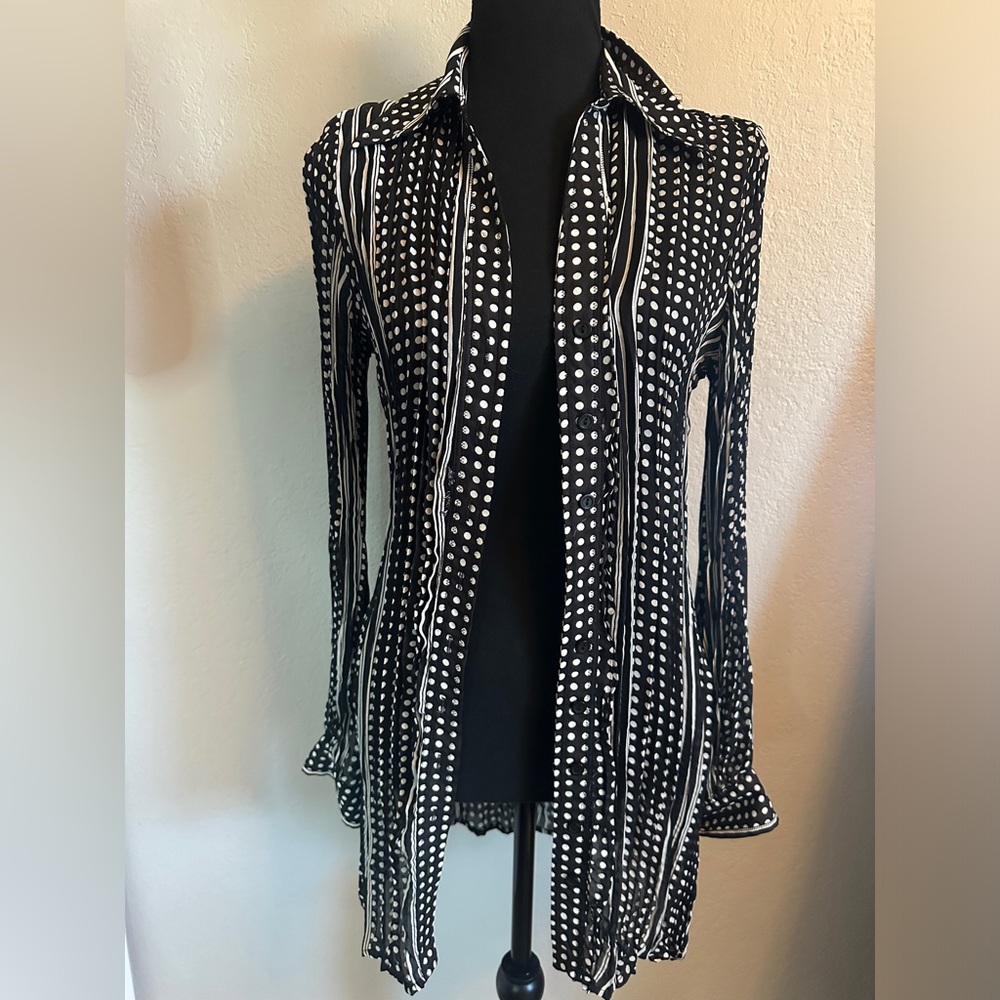 ALLISON TAYLOR Black and White Polka Dot Striped Blouse